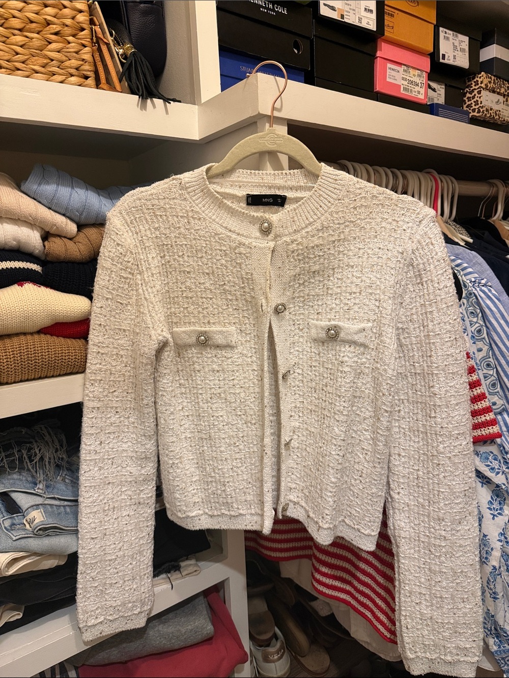 Mango sparkle Cream Knit Cardigan with Pearl-Style Button